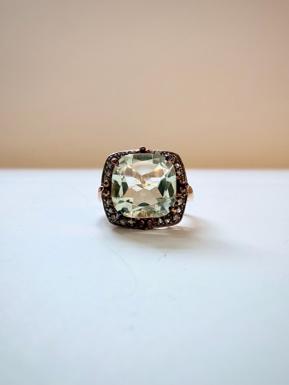 Green Quartz & Diamond Halo Ring Gold Plated Sterling Silver 7.5